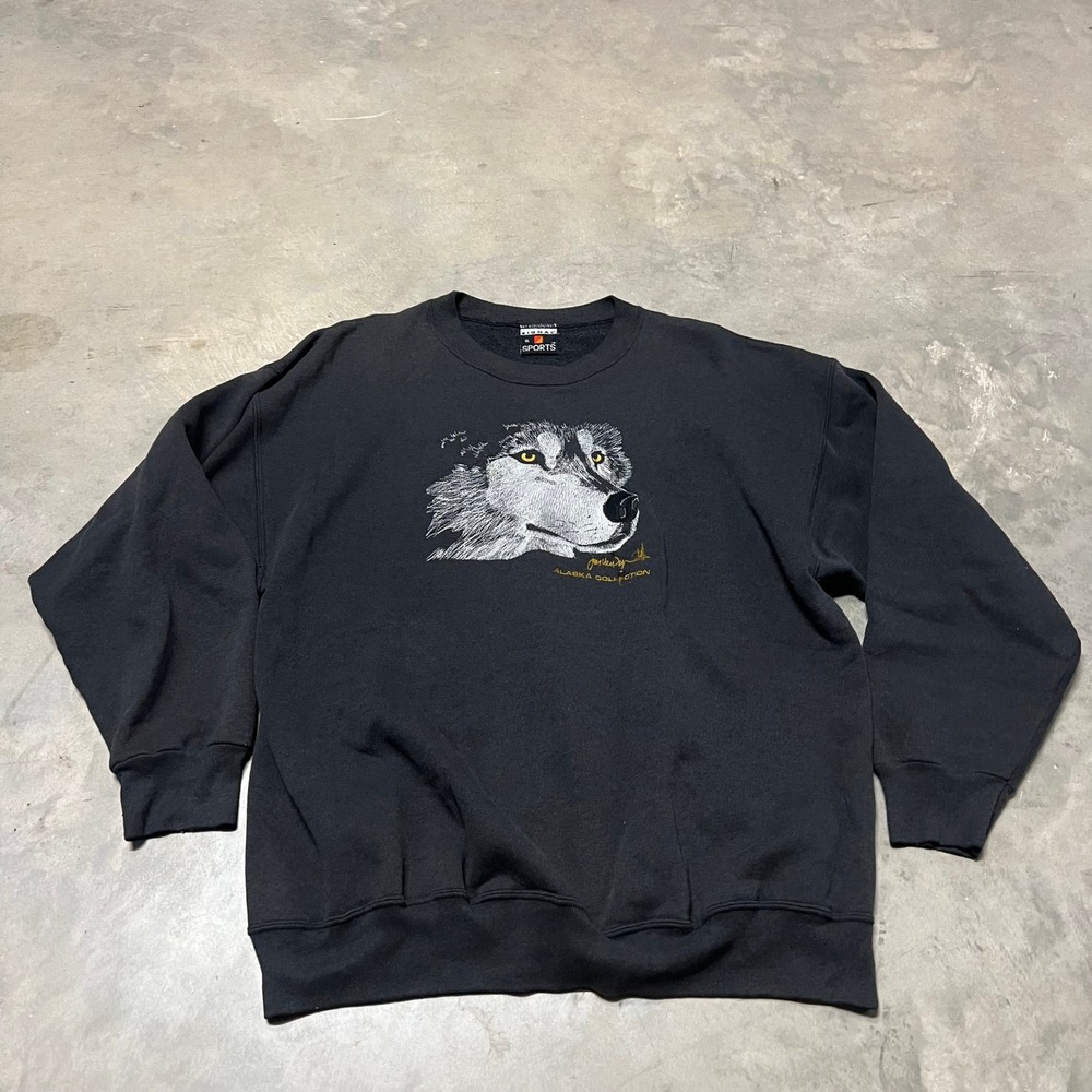 Vintage Signal Sports Alaska Collection Wolf Embroidered Sweatshirt Black XL USA